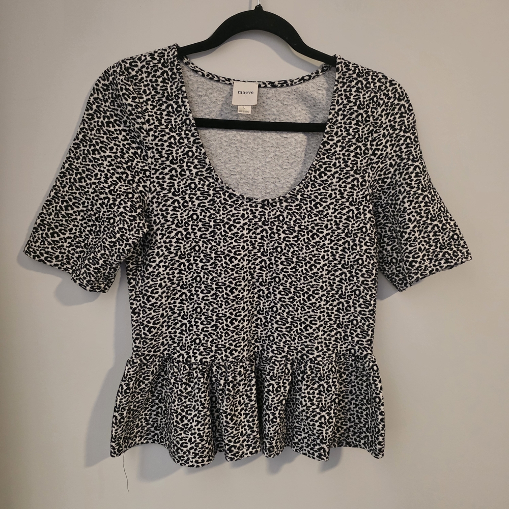 Maeve Leopard Print Peplum Top Black White Short Sleeve Size Large - Picture 4 of 10